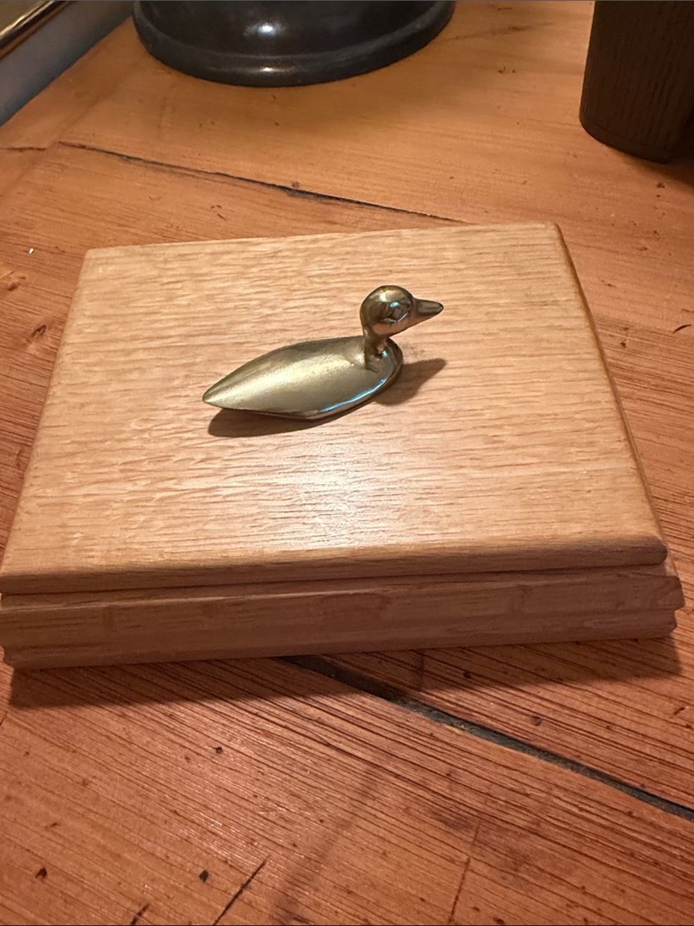 Brass Duck Trinket Box - Light Oak Wood